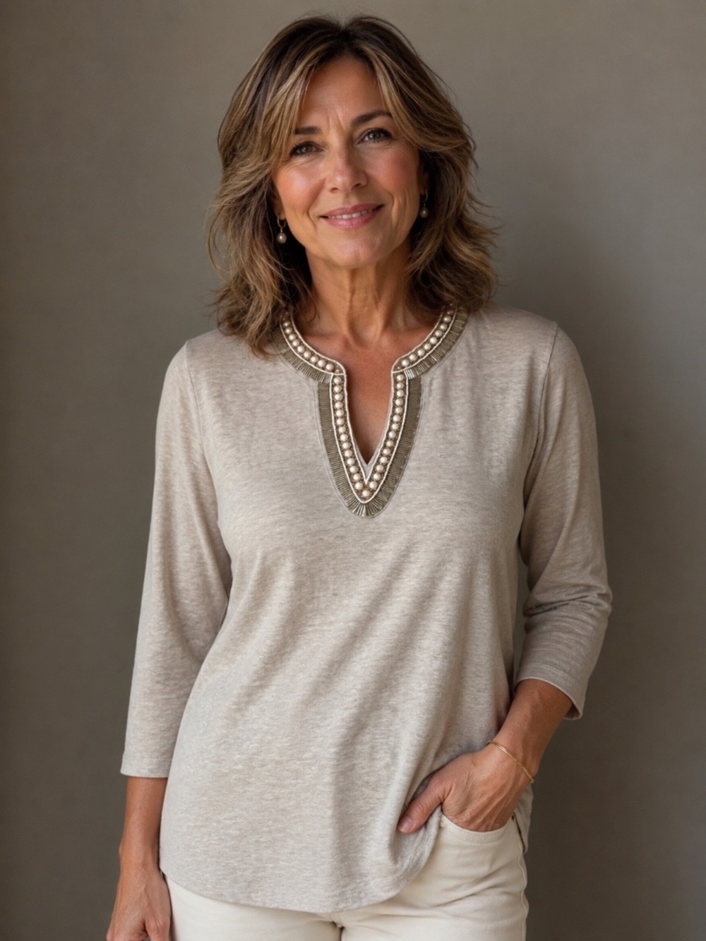 Chico's Linen Embellished tunic top, size 2, 3/4 sleeve